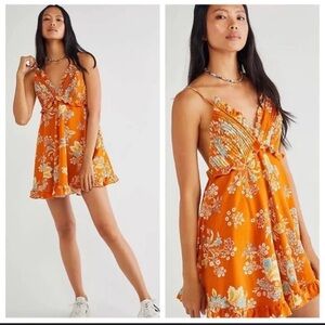 Free People Corduroy Floral Orange Mini Dress Small